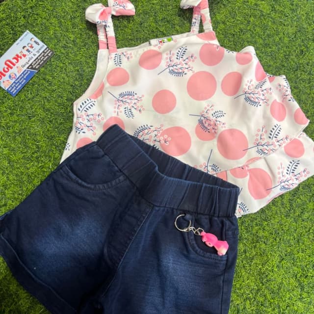 White, Pink, and Navy Blue Top and Shorts Set