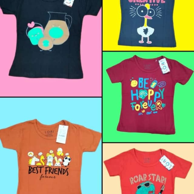 Various, including black, navy blue, maroon, orange, and red T-shirts