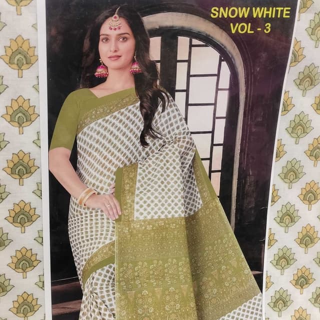 Cottan Light Green yallow Saree