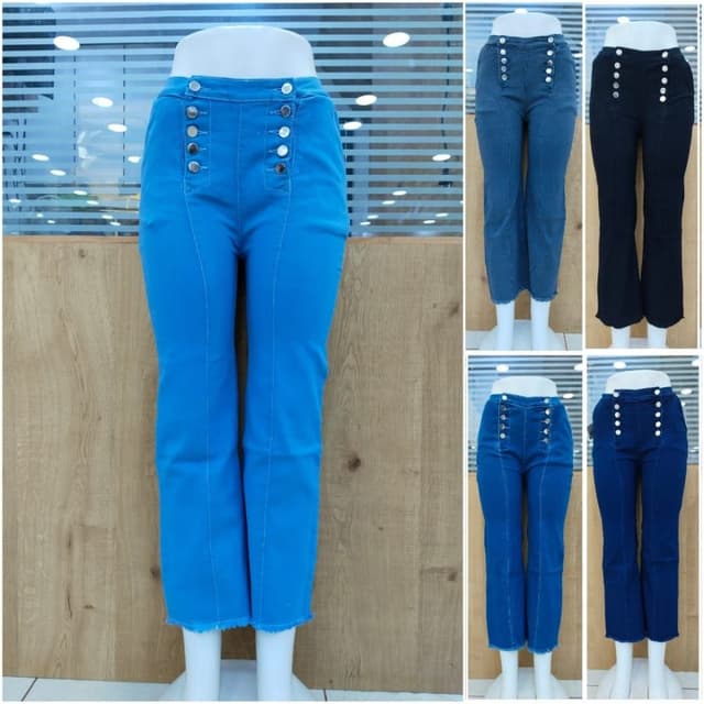 Various shades of Blue (Turquoise, Denim, and Dark Blue) and Black Jeans