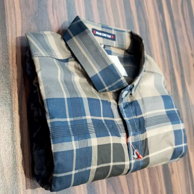 Blue, Beige, Gray, White Shirt