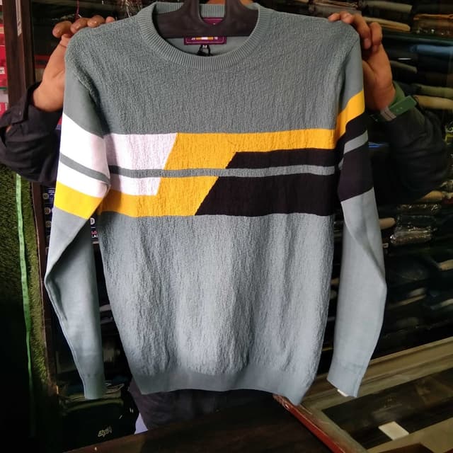 Blue-gray, yellow, black, white Sweater