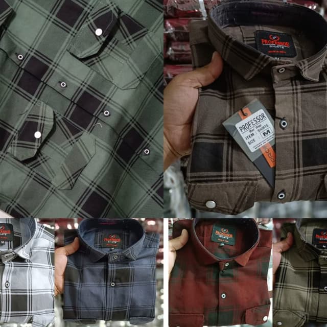 Various plaid patterns with dominant colors including green, brown, blue, red, and grey, combined with black Shirt