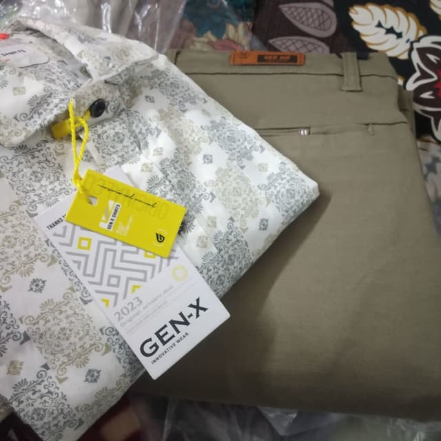 White, Beige, Gray and Olive Green Shirt and Pants