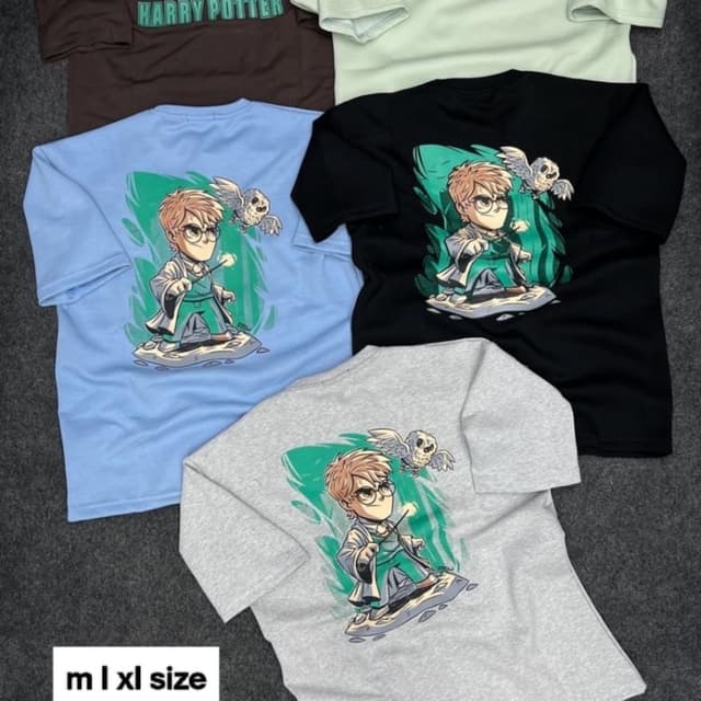Various - Black, light blue, gray, and brown shirts with a colorful cartoon print T-shirt