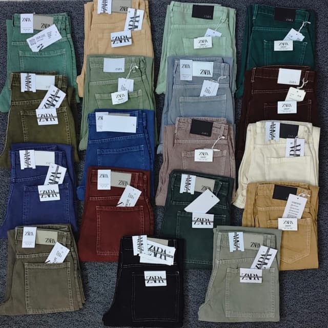 Various shades including green, beige, blue, brown, red, grey, and black Jeans