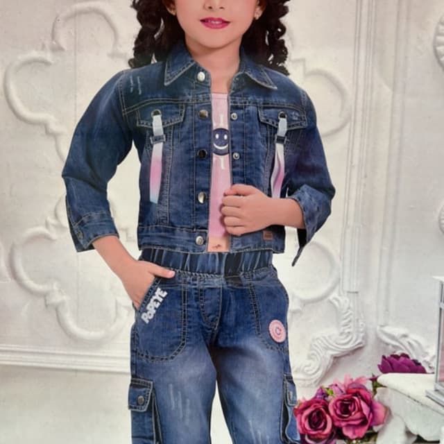 Blue denim jeans set for girls with pink inner