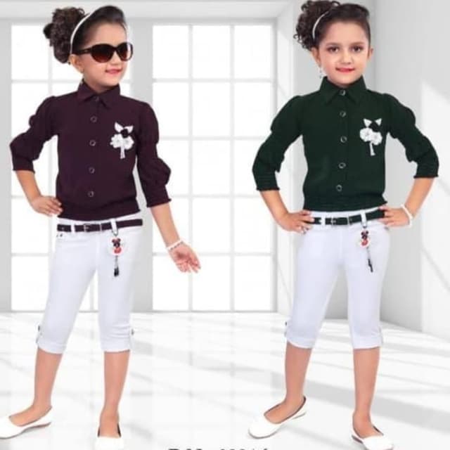 Burgundy and White, Dark Green and White Shirt and Capri Set