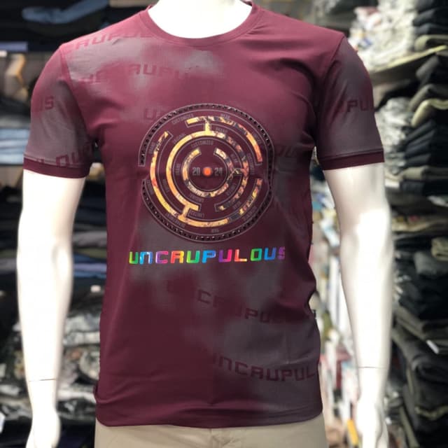 Burgundy, with a multicolor graphic T-shirt