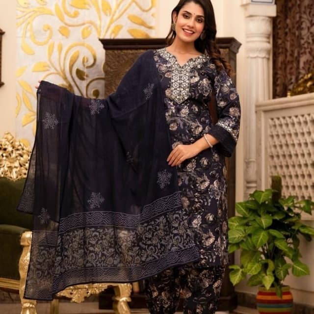Navy blue, gray, and silver Salwar Kameez with Dupatta