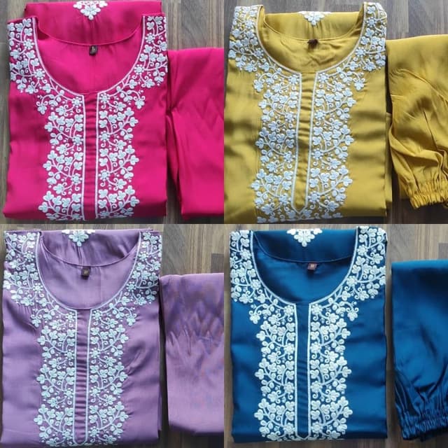 Pink, Yellow, Lavender, and Teal with white embroidery Kurta Set