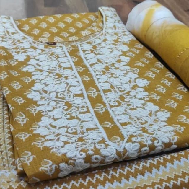 Mustard yellow and white Kurti with Dupatta and Bottom