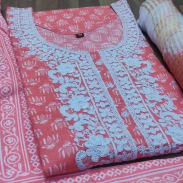 Coral and White Kurti Set