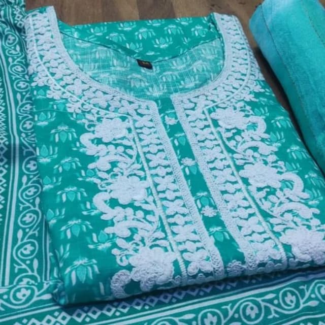 Teal and White Kurti with matching dupatta and pants