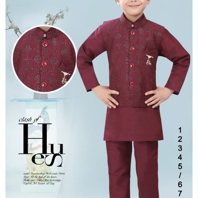 Maroon Kurta Pyjama set with a waistcoat