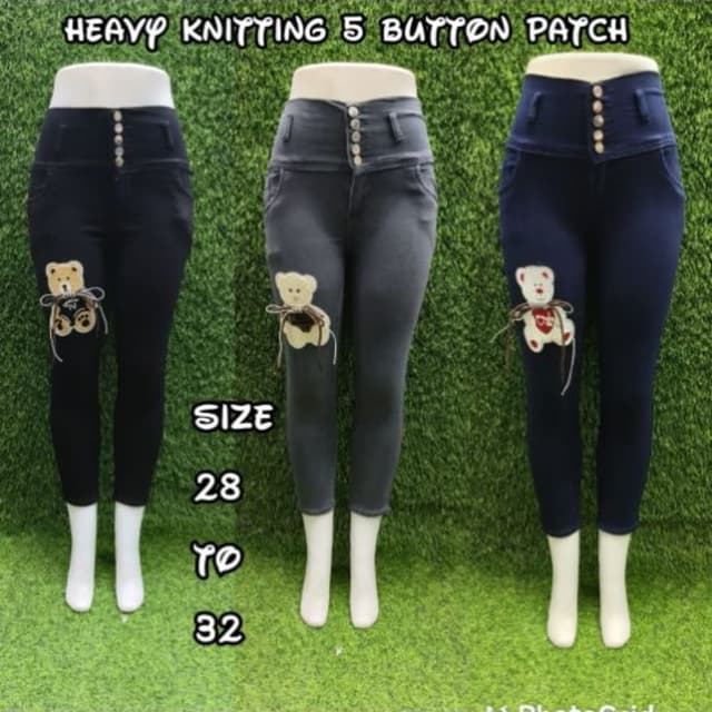 Various shades of blue, gray and black. Jeans