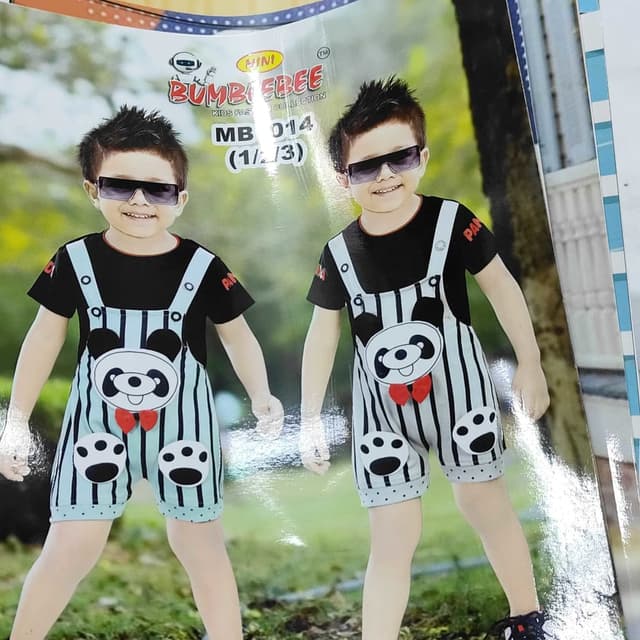Black, White, Light Blue, Red Kids' Overalls Set