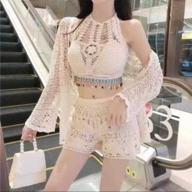 Off-white/Cream Crochet Set (Top, Shorts, Cardigan)