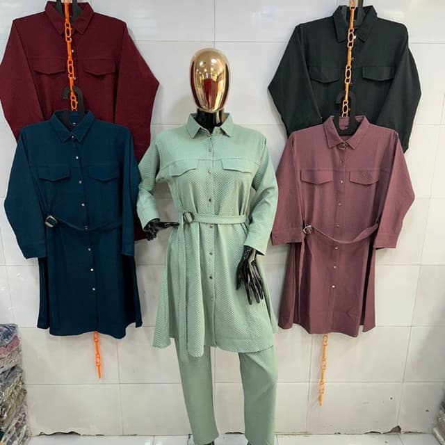 Various, including Teal, Dusty Rose, Seafoam Green, and Maroon Coordinated set, featuring a tunic top and matching trousers or a dress and belt