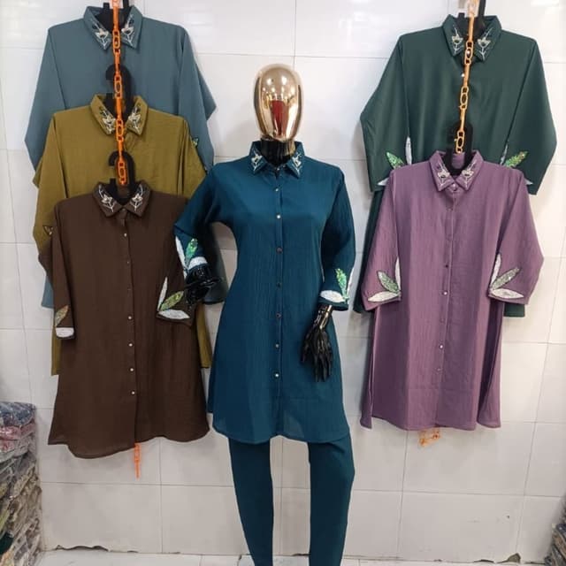 Various solid colors including teal, olive green, brown, and purple. Tunic and Pants Set