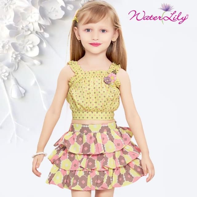 Yellow, Pink, Brown Top and Skirt Set