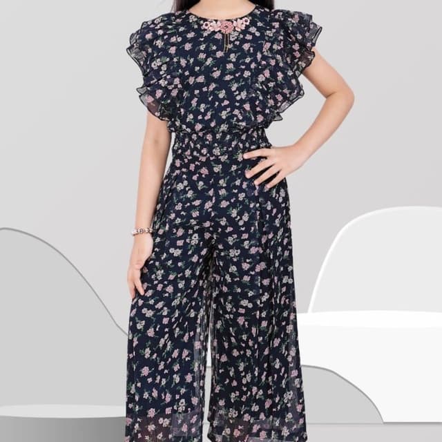Navy blue with pink and white floral print Jumpsuit