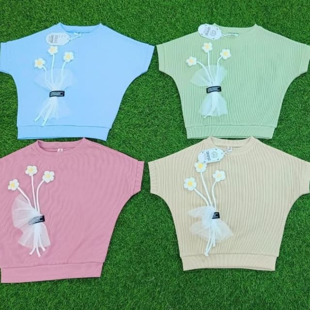 Pastel shades including light blue, light green, pink, and beige. T-shirt