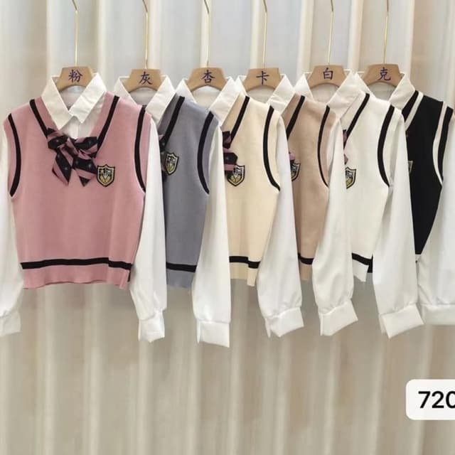 Pink, Gray, Beige, White, Black with Black and White accents Vest, Shirt