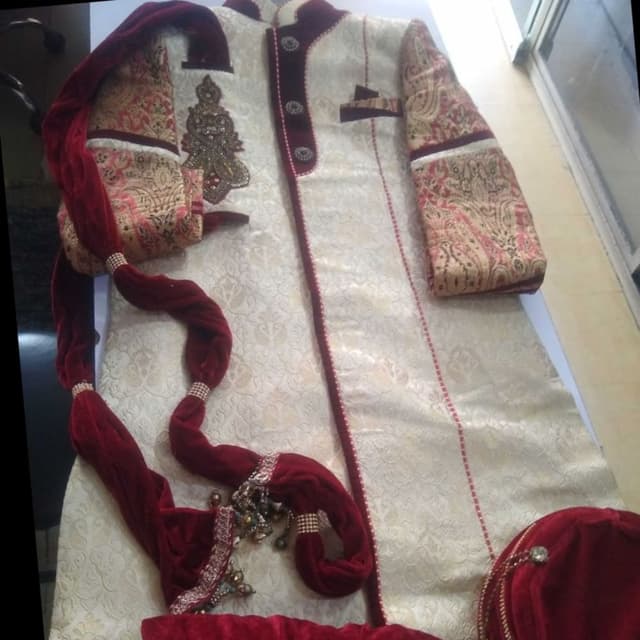 Ivory, Burgundy, Gold Sherwani Suit with Accessories