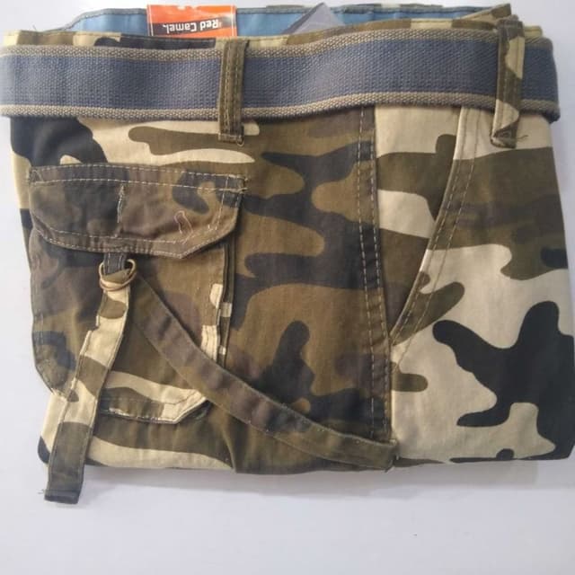 Camouflage pattern with shades of green, brown, and beige, with a grey belt. Cargo Pants