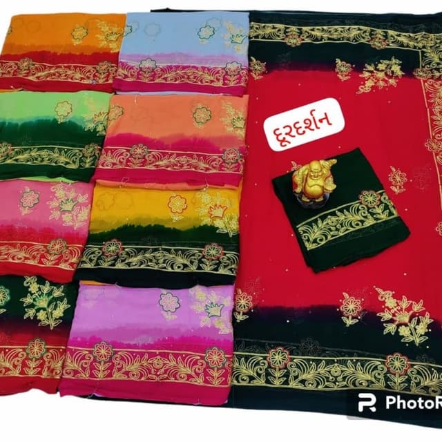 Multicolor, featuring combinations of red and black, green and yellow, pink and yellow, and other vibrant hues. Saree