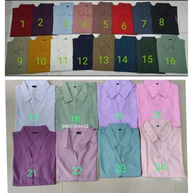 Various solid colors including red, purple, blue, pink, brown, green, yellow, white, navy, and black. Shirt