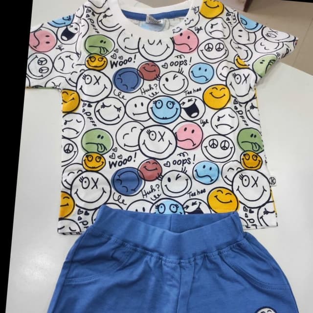 White, Blue, and a variety of bright colors (yellow, pink, green, blue, and red) T-shirt and Shorts Set