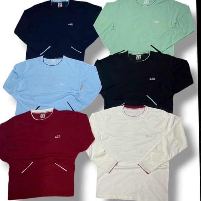 Navy Blue, Light Blue, Black, Green, Burgundy, and White with contrasting trim accents. Long-Sleeved T-Shirt