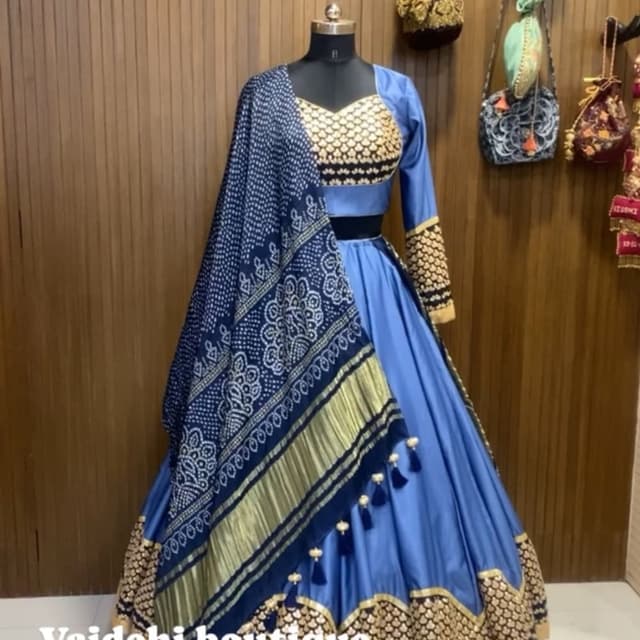 Blue, Gold, Black, White Lehenga Choli