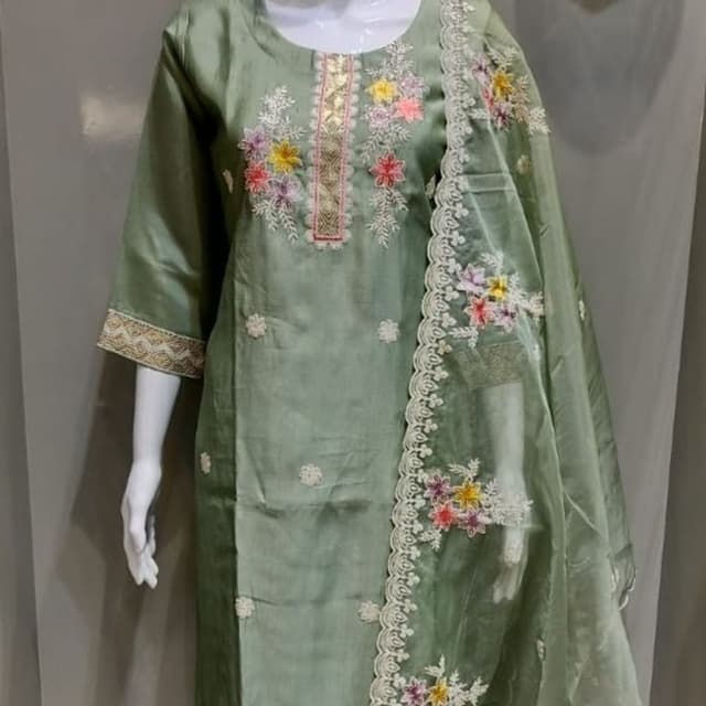 Sage green with accents of gold, pink, yellow, and white Salwar Kameez