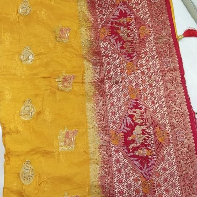 Mustard Yellow and Red Saree
