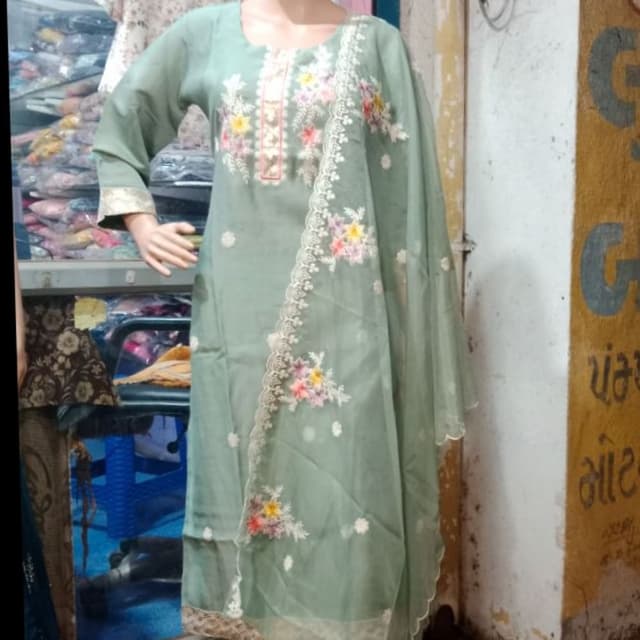 Sage green with accents of white, pink, yellow, and orange Salwar Kameez with Dupatta