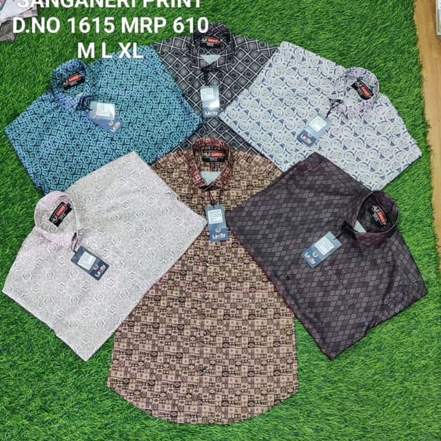 Various patterns with shades of blue, gray, brown, and pink. Shirt