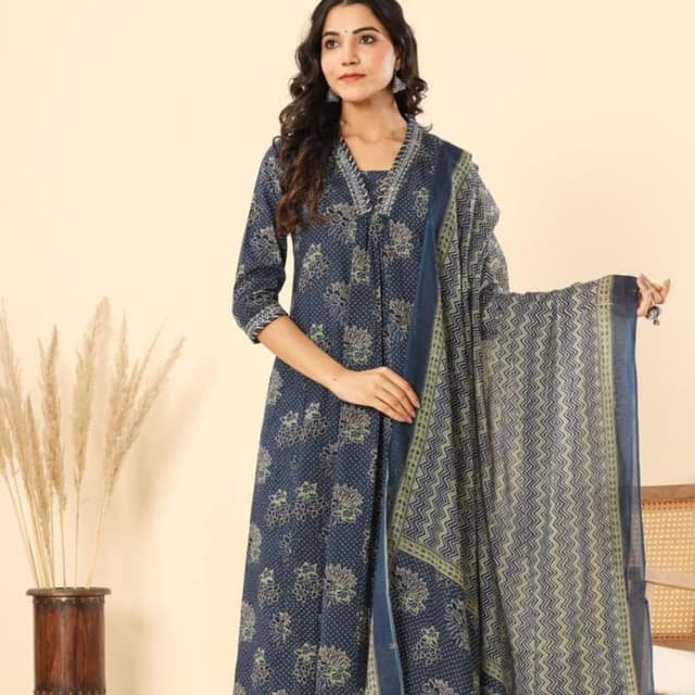 Navy blue, green, and cream Kurta with dupatta
