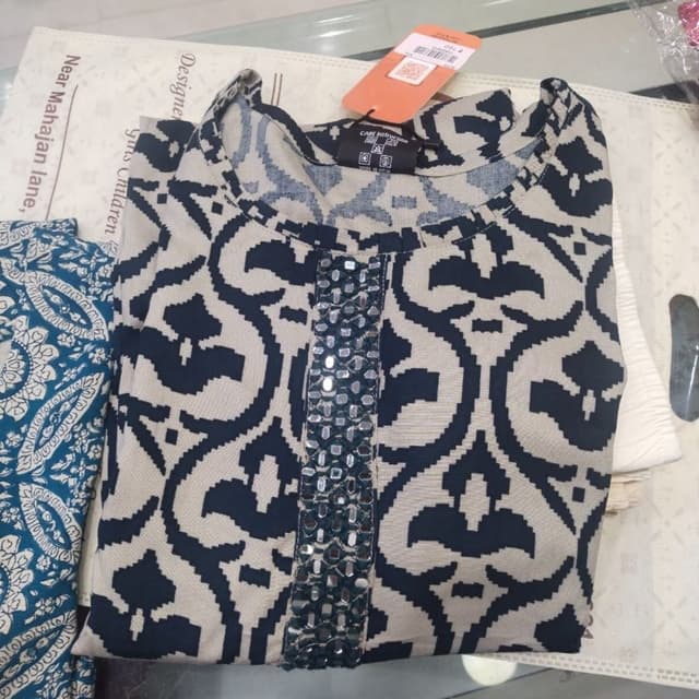 Beige and Navy Blue Kurta