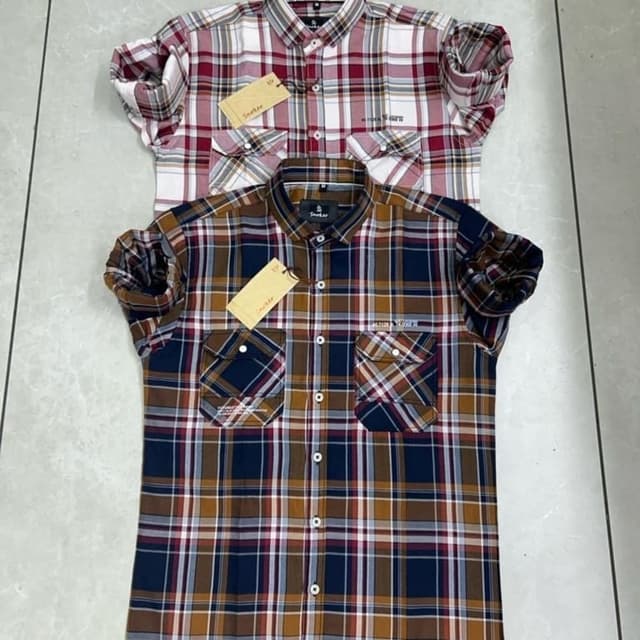 Red, white, brown, blue, and gold plaid Shirt