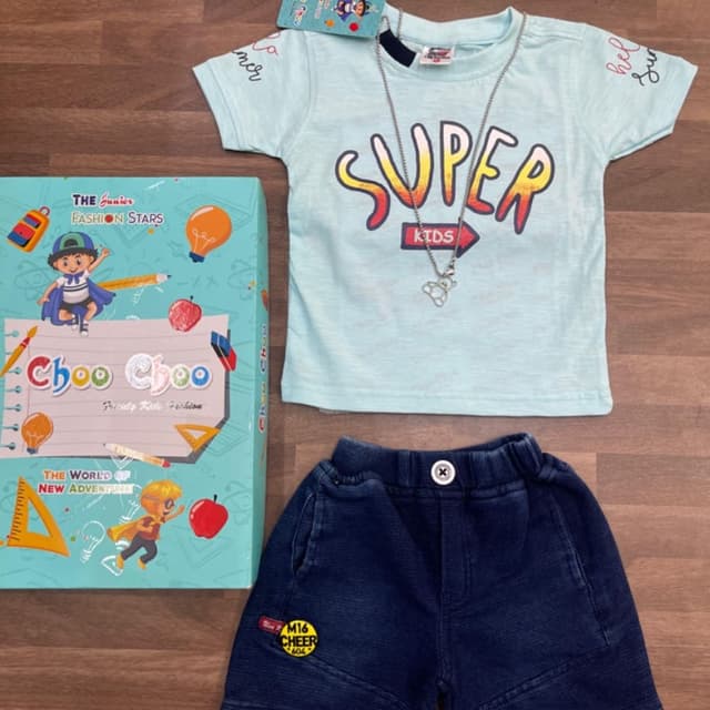Blue, yellow, red T-shirt and shorts set