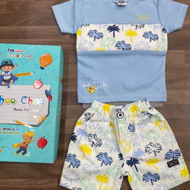Light Blue, White, Yellow, Navy Blue T-shirt and Shorts Set