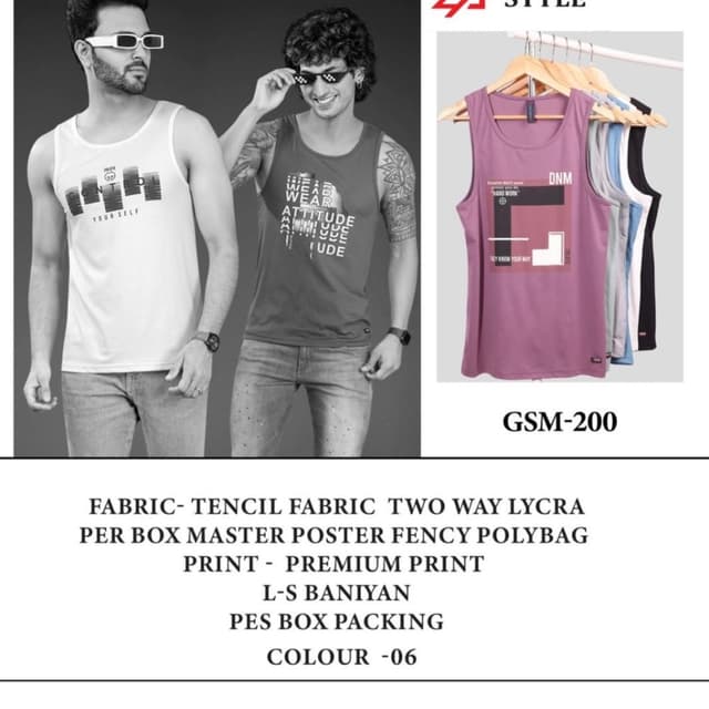 Various, including white, grey, black, and a muted purple/pink. Tank Top/Baniyan