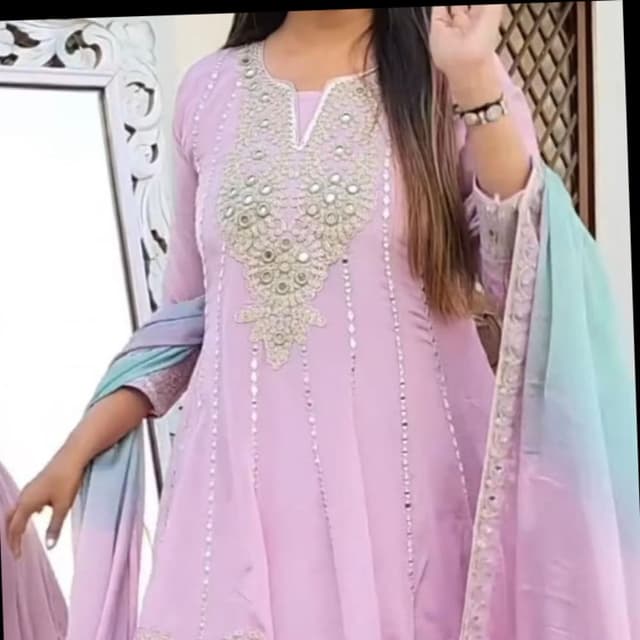 Pale Pink, Silver, and a pastel gradient of blue and purple on the dupatta Anarkali Suit