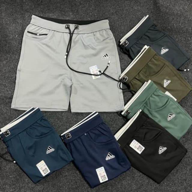 Various shades: grey, navy, dark green, olive green, and black. Shorts
