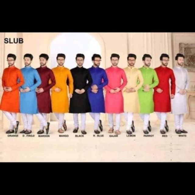 Orange, Dark Firozi (Turquoise), Maroon, Mango Yellow, Black, Royal Blue, Gajar (Pinkish-Red), Lemon Yellow, Parrot Green, Red, White Kurta with Pajama