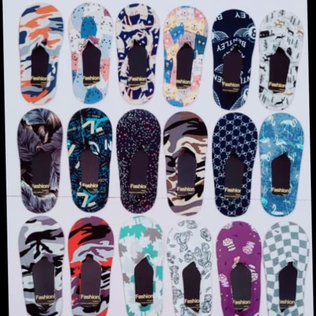 Various, including orange, blue, white, purple, green, gray and black. Patterns employ color combinations. No-show socks