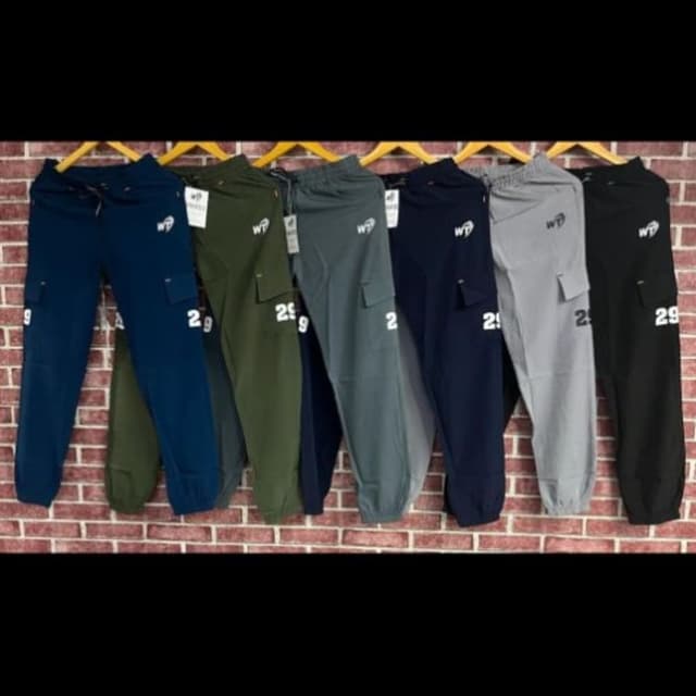 Various shades including navy blue, teal, olive green, gray, navy, light gray, and black. Cargo Pants